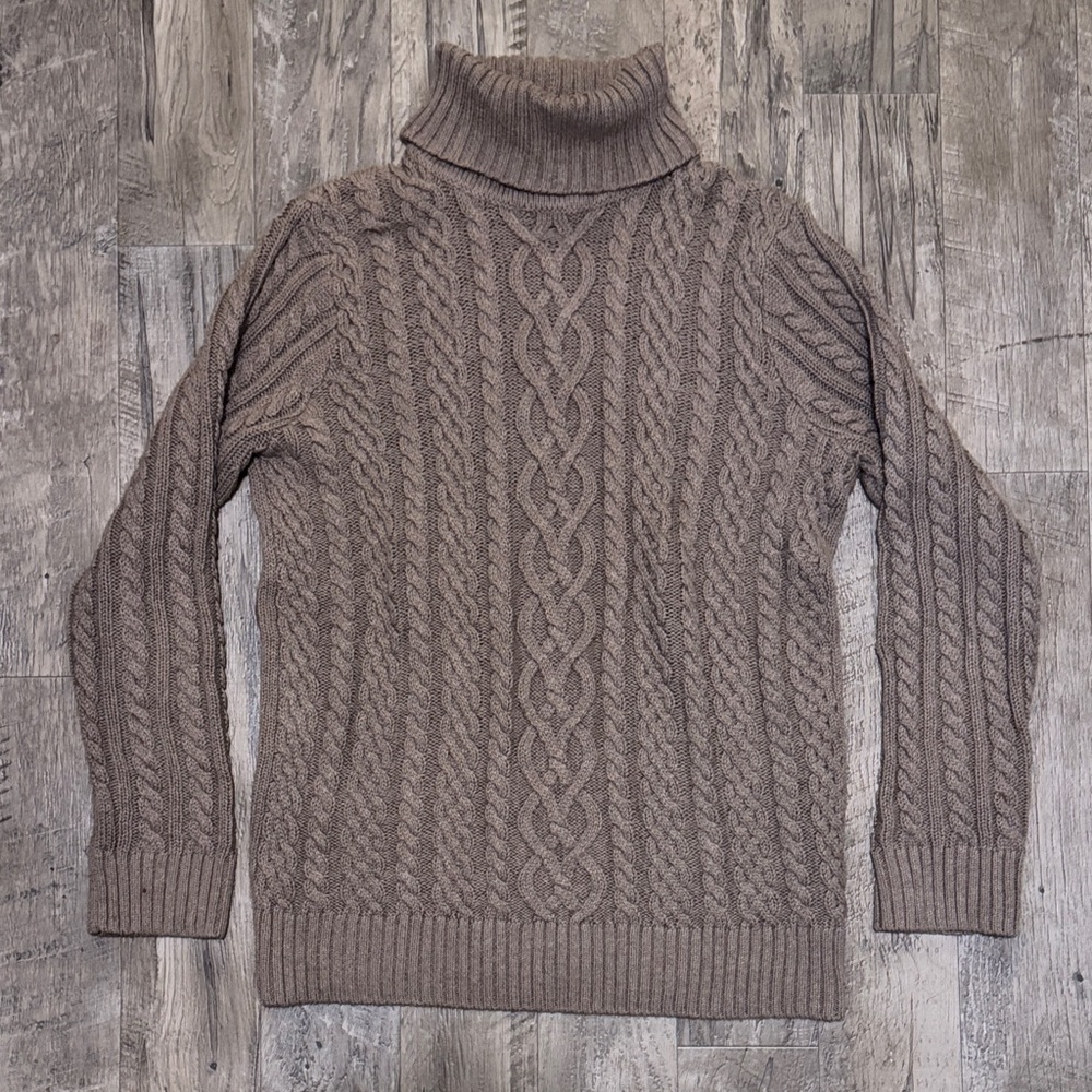 JEANNE PIERRE Taupe Cable Knit Turtleneck 100% Cotton Sweater - Size M